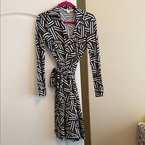 Diane Von Furstenberg Long-Sleeve Wrap Dress in Navy, White & Brown- Geometric